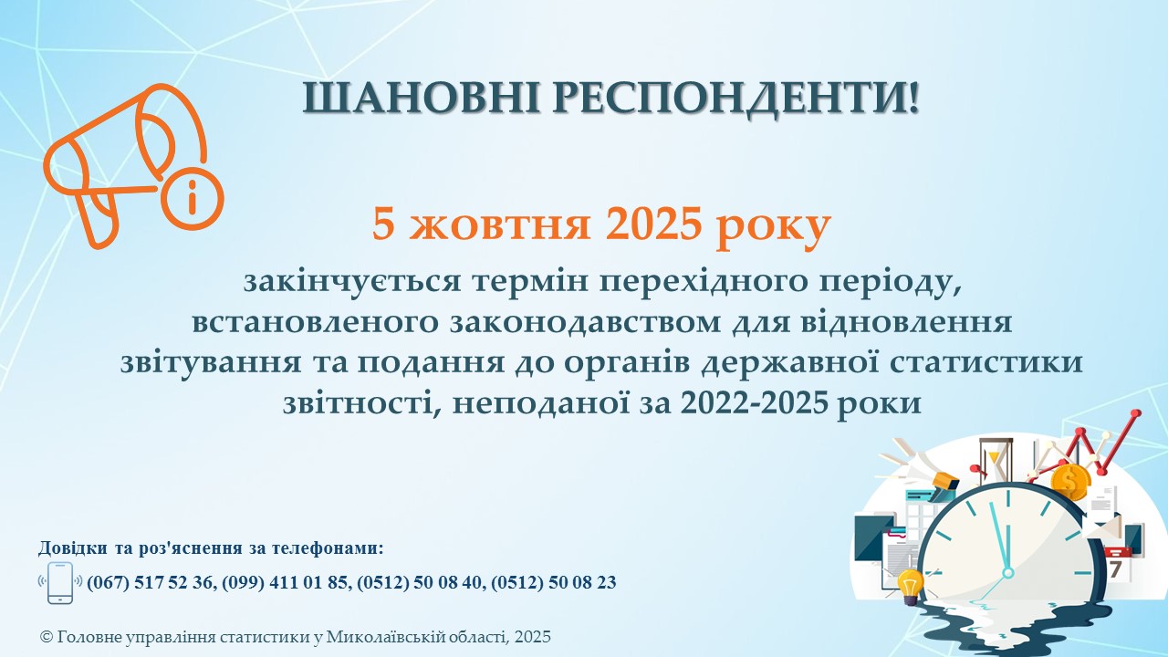 Шановні респонденти! 5 жовтня 2025 року закінчується термін подання звітності, неподаної за 2022–2025 роки